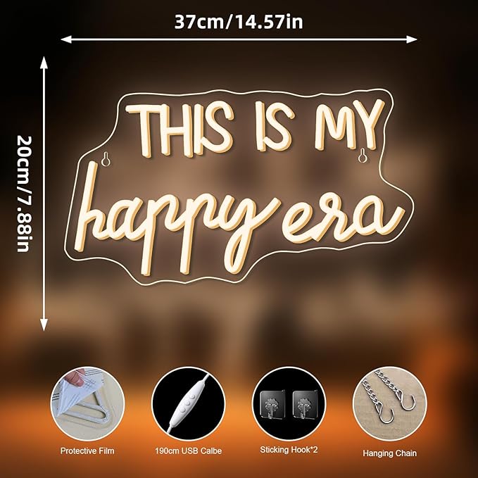 NOSUN This is Our Happy Era Neon Sign Happy Place Neon Signs for Wall Decor Dimmable Warm White LED Signs for Bedroom Classroom Man Cave Home Bar Birthday Party Game Zone Decor Neon Classroom Sign