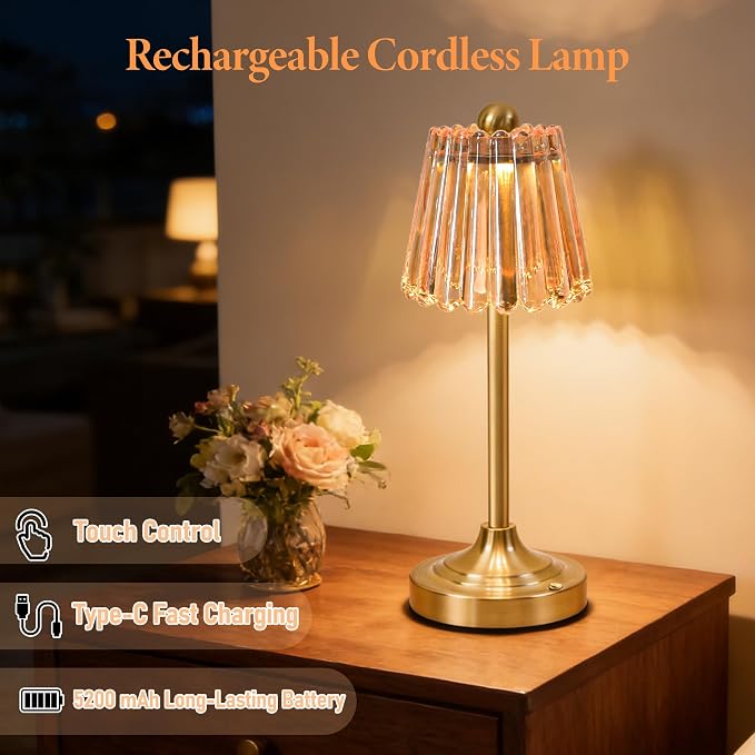 Small Vintage Cordless Table Lamp, Green Glass Shade, 3 Color Dimming,LED Touch Accent Lamp for Bedroom, Nightstand, Living Room, Kitchen(Amber)