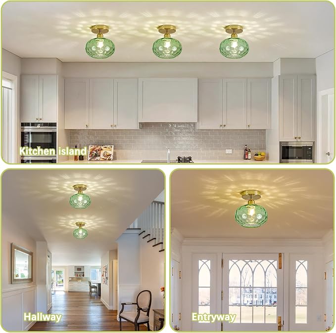 7.9″ Small Semi Flush Mount Ceiling Light ,Green Hallway Light Fixtures | Art Deco Hammered Glass,Whimsical,Vintage Gold Mid Century MCM Lighting for Closet Cottage Entryway Laundry Room Foyer