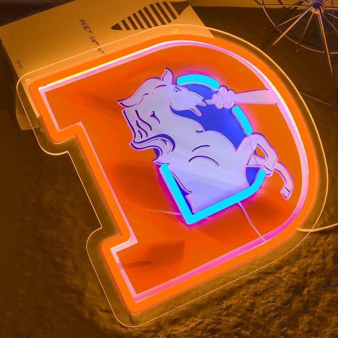 Broncos Football Neon Signs Led Sign for Wall Decor Rugby Team Light Up Sign Suitable for Man Cave Office Bar Pub Wall Art Gifts for Teen Boys
