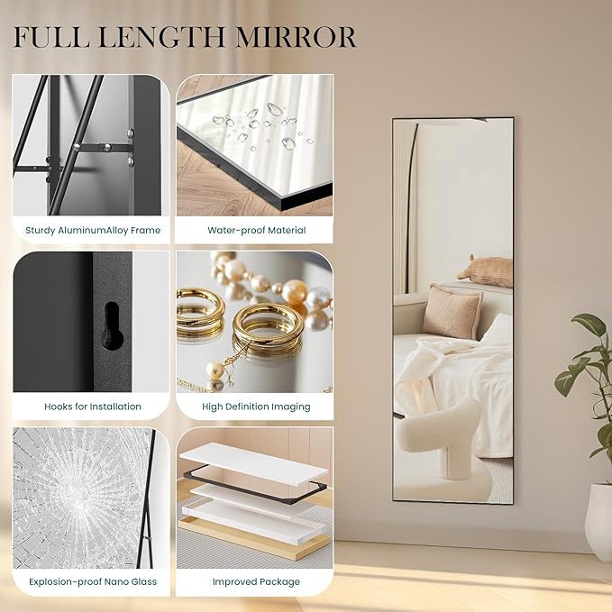 Full Length Floor Mirror, 15.75"x59" Body Wall Mirror with Stand | Shatter-Proof Nano Glass, Tall Standing, Hanging or Leaning, Aluminum Alloy Frame for Bedroom, Modern Home Decor, Black