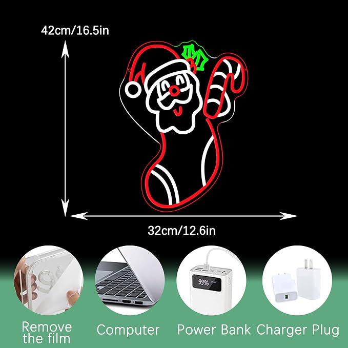 Merry Christmas Neon Sign Dimmable Santa Claus In Stockings Neon Light USB Powered Holly Led Light up Sign for Christmas Eve Party New Year Home Bar（16.5 * 12.6 In）