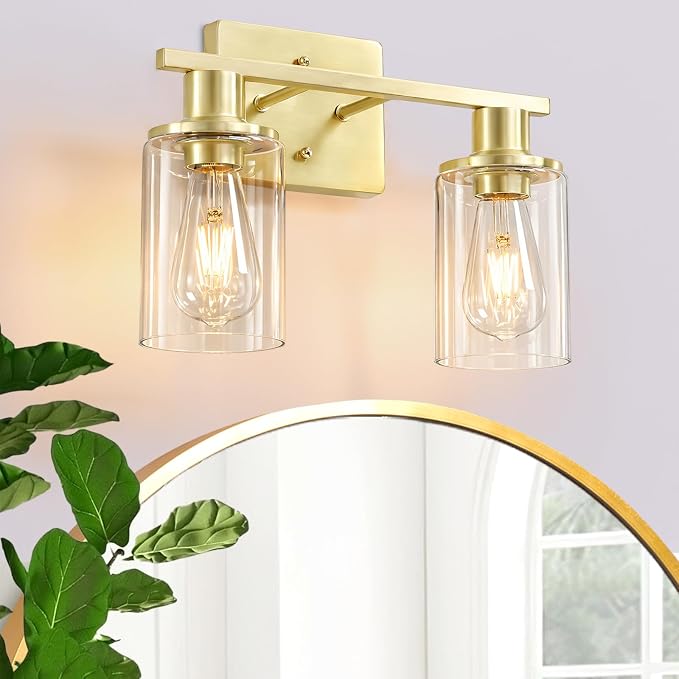 2-Light Gold Bathroom Vanity Light,Brushed Gold Bathroom Light Fixtures Over Mirror with Clear Glass Shade,Modern Wall Sconces Lighting for Kitchen Living Room Cabinet Hallway