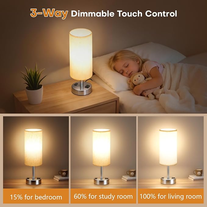 MOICO Bedside Table Lamp for Bedroom, 3-Way Dimmable Nightstand Lamp with USB C, USB A Ports & AC Outlet, Small Table Lamp Fabric Shade for Living Room Dorm Office, LED Bulb Included (14in Silver)