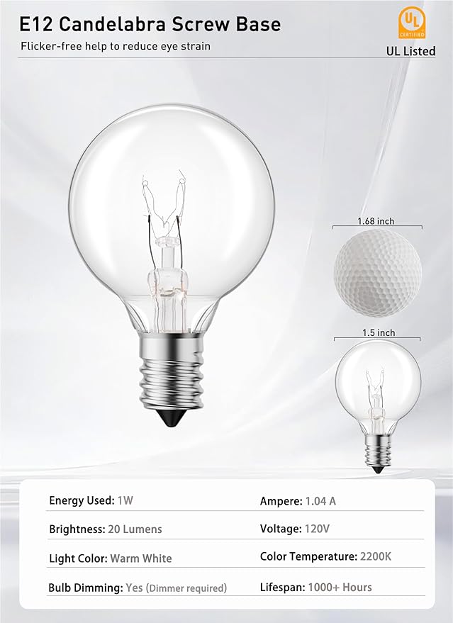 Brightown G40 Replacement Light Bulbs, 25 Pack 5W Clear Globe Bulb fits E12 C7 Candelabra Screw Base Sockets, 1.5 Inch Dimmable Light Bulbs for Indoor Outdoor Patio Decor, Warm White
