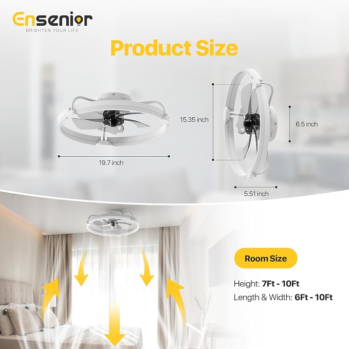 Ensenior 20 Inch Flush Mount Ceiling Fans with Lights, APP Control, White | Quiet Reversible Motor, Night Light Mode, 6 Speeds, 3CCT, Dimmable, Low Profile, Remote, Memory Function, Timer, Bedroom