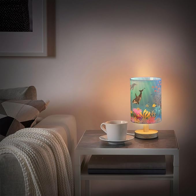 Table Lamp Cartoon Dolphin Killer Whale Sea Fish Coral Underwater in Ocean Nightstand Lamp with Wood Base Fabric Lamp Shade Bedside Desk Lamp for Living Room Bedroom Kids Room Office