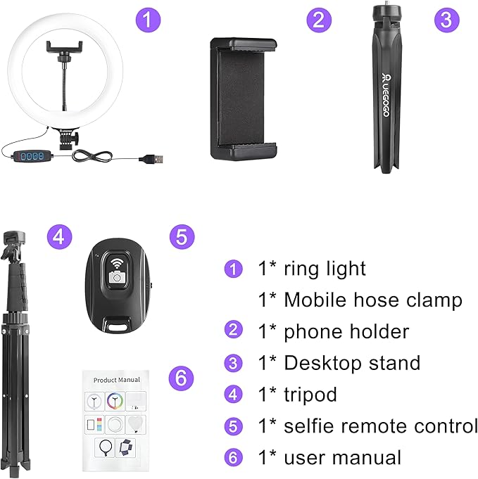 UEGOGO 10'' Ring Light with 72'' Tripod Stand & Phone Holder，38 Color Modes Dimmable LED Ringlight for Live Stream, YouTube,Makeup,TikTok