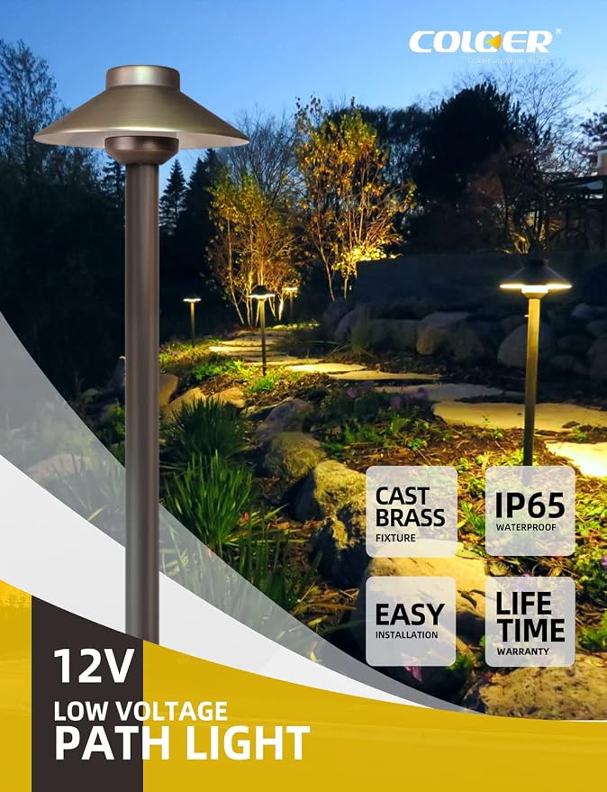 COLOER Brass Low Voltage Pathway Lights Outdoor 1-Pack with 2W LED G4 Bulb, Garden Path Lights Electric, IP65 Waterproof Outdoor Landscape Lighting Wired(602B) | 9-17V 2700K AC/DC Heavy Duty LED Path Lights Outdoor Wired, 6.13'' Shade 22.88'' Tall, Chi...