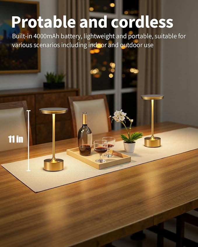 PUSU Rechargeable Table Lamps Set of 2, Gold Cordless Portable Desk Lamp | 4000mAh Battery, Stepless Dimming & 3 Color 2700K-6000K, LED Lamp for Bedroom, Living Room, Restaurant, Outdoor, Night Light