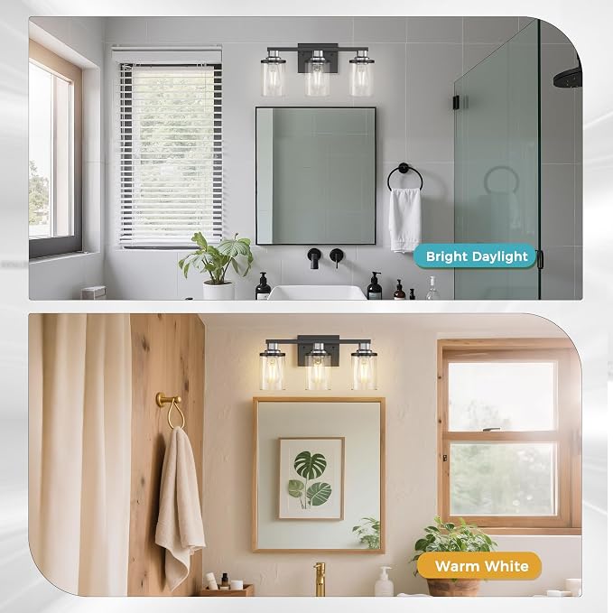 17 Inch 3-Light Black Nickel Bathroom Vanity Light | Modern Black Nickel Vanity Light Fixture, Clear Glass Shade Bathroom Wall Light, Mirror Lighting for Bedroom Living Room