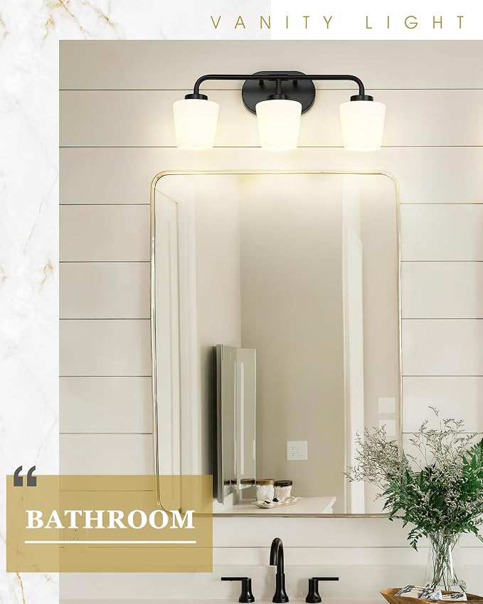 Bathroom Light Fixtures Over Mirror, 3-Light Matte Black Vanity Lighting Fixtures with Milk White Glass, Vintage Farmhouse Wall Sconces Lighting, AD-22004-3W-BK