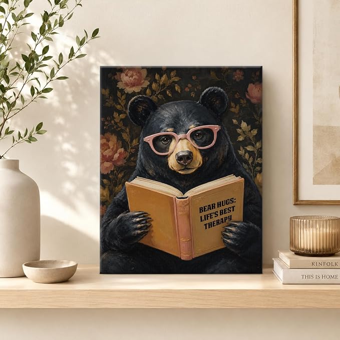 NSFBESSLIA Funny Reading Bear Painting, Whimsical Vintage Animal Decor, Bear Hugs Life's Best Therapy, Humorous Wall Art for Living Room Bedroom Entryway, 8x10 Inch