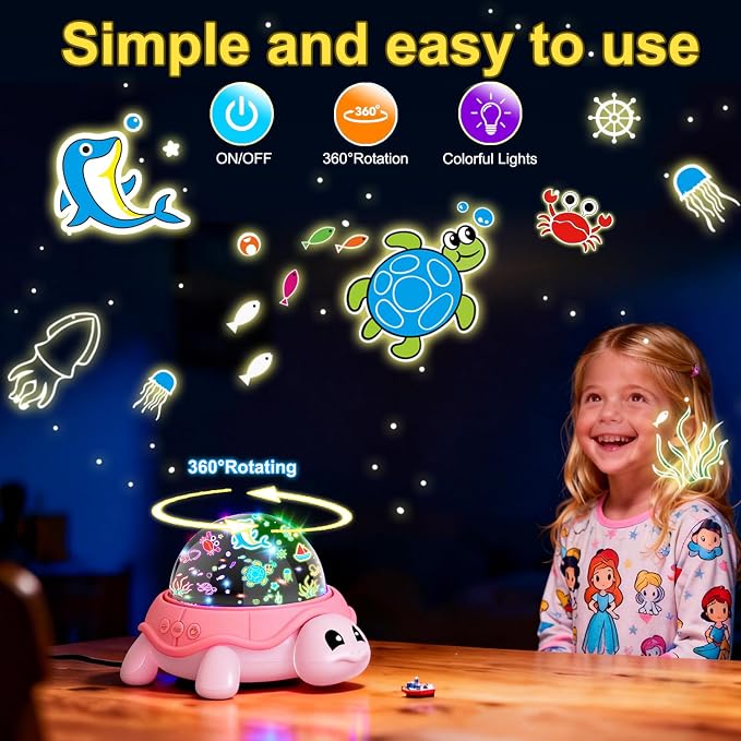Pink Lucky Turtles Kids Night Light,3-8 Year Old Boys Toy Star Sky Projector Lamp 360° Rotation,4 LED Light Beads,16 Light Colors Adjustable,USB Cable Powered,Ceiling Ambiance Light for Kids Bedroom