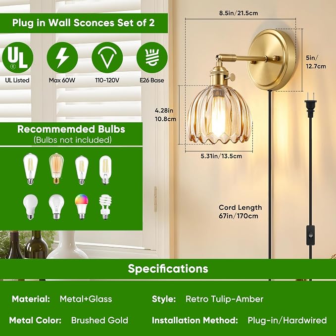 Plug in Wall Sconces Set of Two, Vintage Wall Lights with 5.58FT Plug in Cord, Adjustable Angle Bedside Wall Lamps with Amber Tulip Glass Shade, Gold Wall Light for Bedroom Living Room Hallway