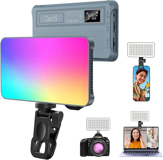 Zecti 135 LED RGB Selfie Phone Light with Metal Hotshoe & Clip | CRI 96+ 2500K-9900K 21 Effects RGB Video Light, 12W 4000mAh Camera Light for iPhones, iPad, Laptop, for Makeup, TikTok, Vlog