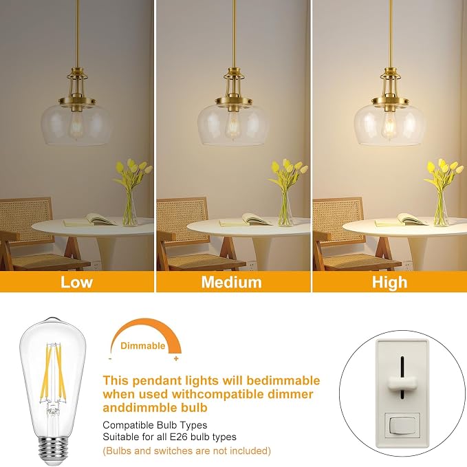 Modern Pendant Lights Kitchen Island, Brushed Gold Pendant Light Fixtures with 10" Clear Glass Shade, Industrial Hanging Pendant Lights Fixture for Kitchen Island Dining Room Bedroom Foyer Entryway