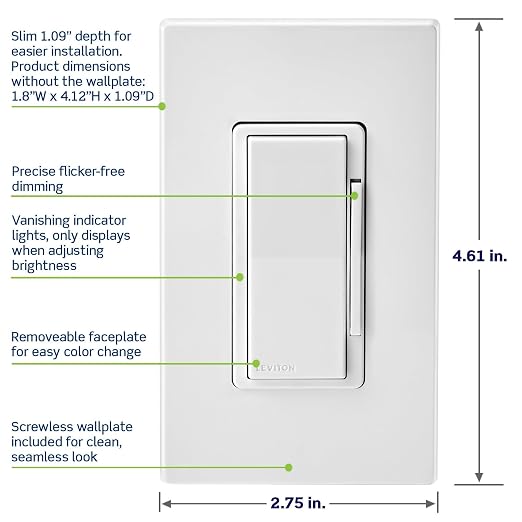 Leviton Decora Smart Dimmer Switch, Wi-Fi, Works with Matter, My Leviton, Alexa, Google Assistant, Apple Home/Siri & Wired or Wire-Free 3-Way, Neutral Wire Required, D36HD-1RW, White