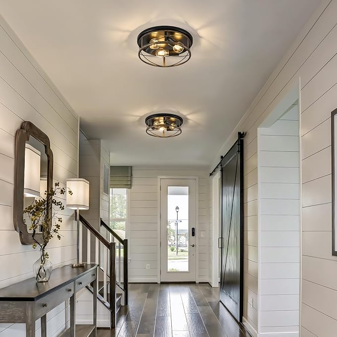 Farmhouse Light Fixtures, Rustic Black Round Metal Flush Mount Ceiling Light, 3-Light Cage Ceiling Lamp for Kitchen, Foyer, Bedroom, Hallway（Bulbs Not Included）