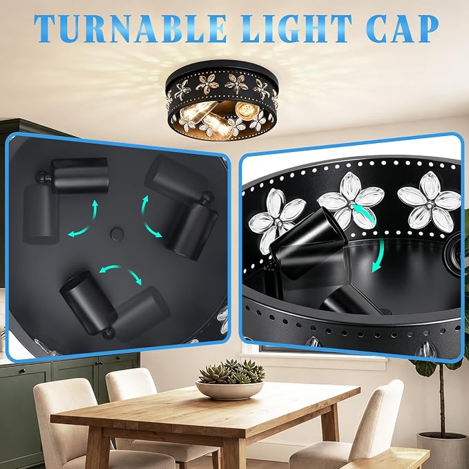 12.6 Inch Black Flush Mount Ceiling Light Fixture, 2 Pack | 3-Light, Flower, Farmhouse, Kitchen, Dining Room, Bedroom, Living Room, Foyer, Entryway