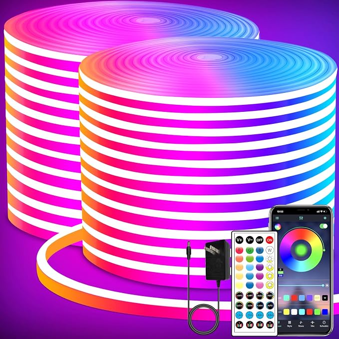 segrass LED neon Lights Strip 132FT,DC 24V RGB LED neon Light Strip APP Remote Controls Control Waterproof Flexible Neon LED Rope Lights for Bedroom,Playroom,Outdoors Decor（2 Rolls of 66ft）