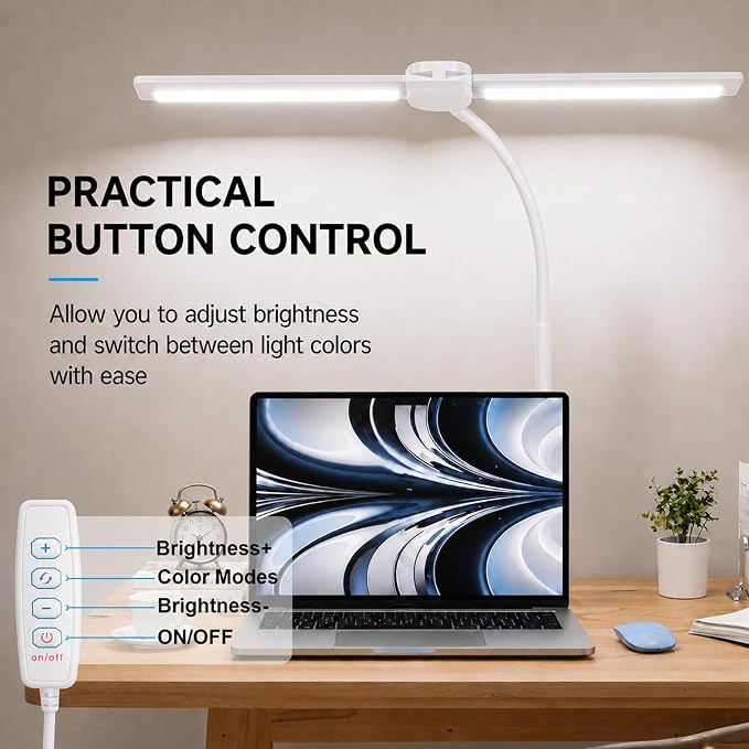 Desk Lamps for Home Office, Computer Light Bar, Double Head, White | Eye-Care Architect Light with Clamp, 3 Color Modes 10 Brightness, Adjustable for Reading, Study, Workbench