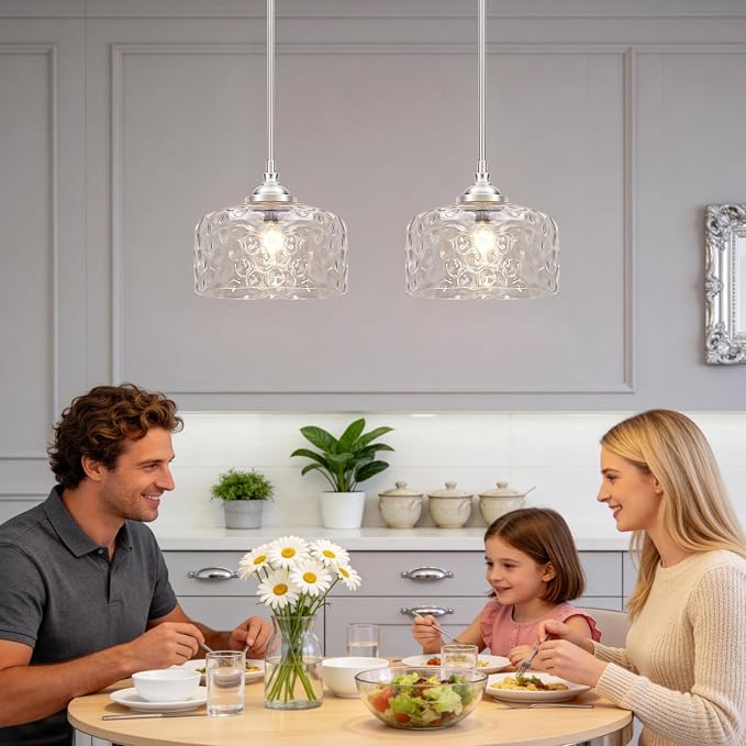 Brushed Nickel Pendant Lights Kitchen Island, Modern Hammered Glass Kitchen Pendant Lighting Over Island, Hanging Bathroom Light Fixtures Adjustable Pendant Light for Hallway Entryway Dining Room
