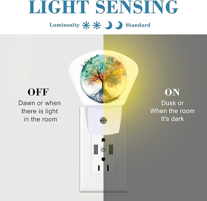 Watercolor Tree of Life Night Light, Colorful Tree Nightlight Plug into Wall with Dusk to Dawn Sensor for Kid Girls Boys Women Men Bedroom, Hallway, Kitchen, Bathroom, Stairs Decor