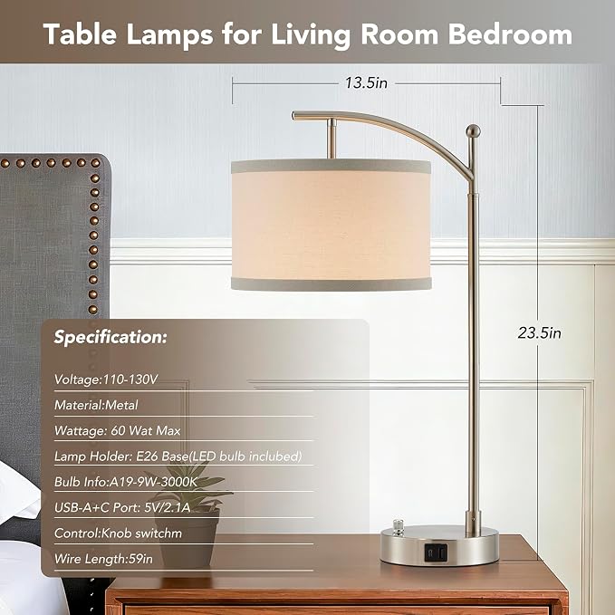Table Lamp for Living Room Bedroom, 23.5" Table Lamps Set of 2 with USB C+A Ports, Bedside Lamps for Nightstand with Linen Lamp Shades, 2 Dimmable LED Bulbs Included, Silver