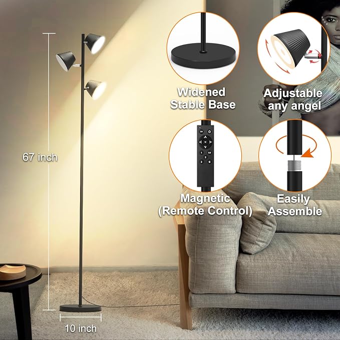 LED Tree Floor Lamp, 42W 4500lm Dimmable Standing Lamp with Remote & Touch Control, Modern Super Bright 3 Rotatable LED Light Floor Lamps for Living Room, Bedroom, Office, Reading Room