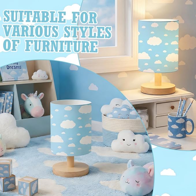 Cloud Kids Table Lamp for Bedroom Kids Bedside Lamp with Linen Wooden Nightstand Cartoon Nursery Lampshade for Girls Boys Living Room