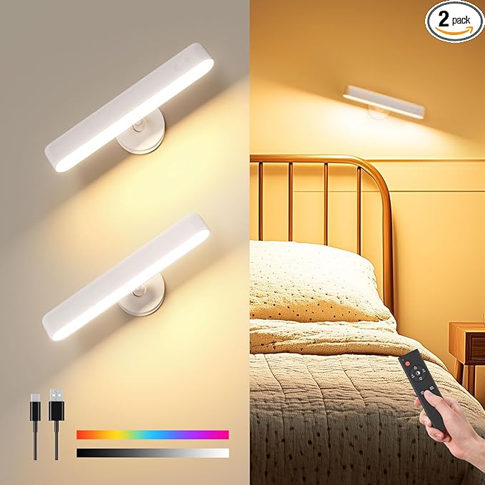 Wall Sconces Rechargeable 7500mAh Battery Operated Wall Lights Cordless LED Wall Lamp, Touch and Remote Control, 3 Colors Wall Lamps 360° Rotate Dimmable Brightness with 15 RGB Colors