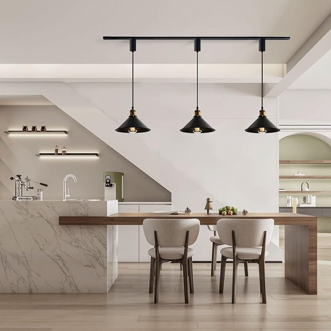 mirrea H-Type Matte Black Track Lighting Pendant with E26 Socket, Black Mini Cone Shade, Adjustable Hanging Fixture for Kitchen, Dining, Bar Lighting, Pack of 3