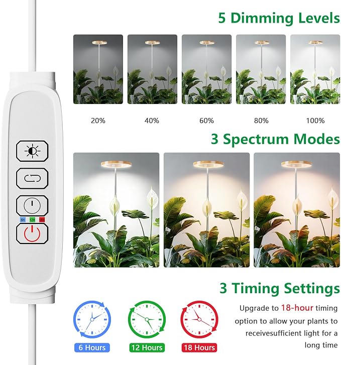 SDOVUERC Full‑Spectrum Grow Lights for Indoor Plants – Adjustable Height Plant Lamp with Wood‑Grain Finish, 6/12/18H Timer, 3 Color Modes, Perfect Plant Lights for Houseplants Growing.(Pack 1)