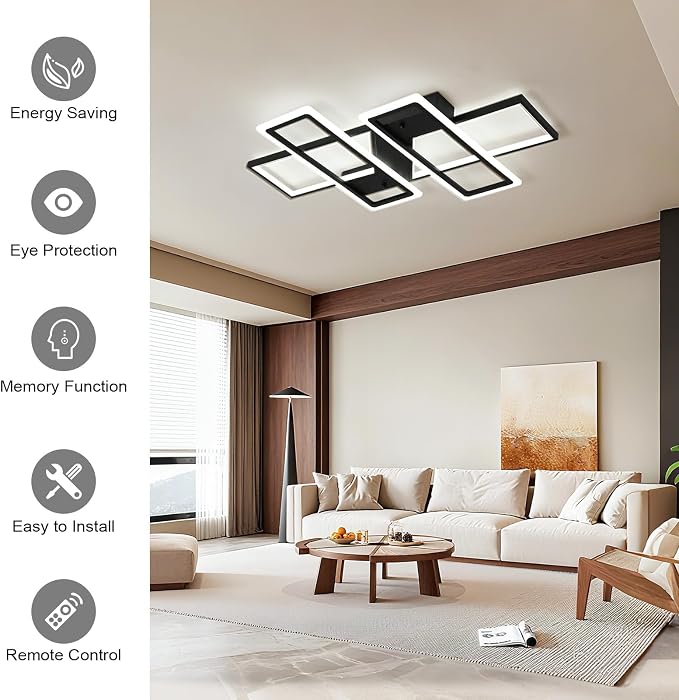 GEADI 35.4" Modern LED Ceiling Light, Dimmable Black Flush Mount Chandelier | 80W 4-Square Geometric Ceiling Lamp with Remote, 3000K-6500K Dimming, Memory, 4800 Lumens, Low Profile for Bedroom, Kitchen
