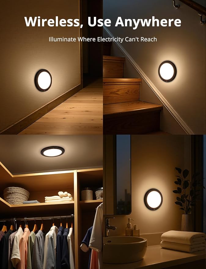 2 Pack Black Operated Battery Powered Motion Sensor Ceiling Lights Wireless, Rechargeable 60 Day Battery Life Waterproof Inside Shower Lighting with Remote Magnetic No Wiring for Garage Closet