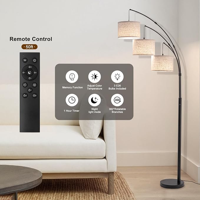 3 Light Arc Floor Lamp with Remote, Beige Shade Black Pole | 80" Dimmable Floor Lamp, 2400LM Super Bright, Independently Controlled 9W LED Energy-Saving Light Bulb, Memory Function