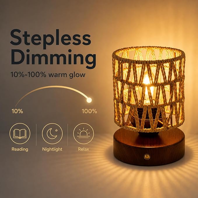 Cordless Operated Rattan Lamp, 5000mAh Rechargeable Dimmable Handwoven Open Weave Drum Table Lamp with Edison Bulb, Boho Nightstand Light for Bedroom Home Decor