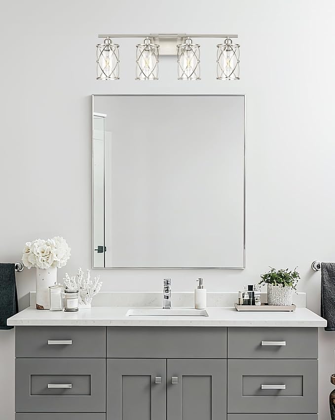 4-Light Brushed Nickel Bathroom Light Fixtures, 29 Inch Modern Bathroom Vanity Lighting Fixtures Over Mirror with Clear Glass and Metal Cage Wall Sconce Lights for Bath, E26, CH9176BN-4W