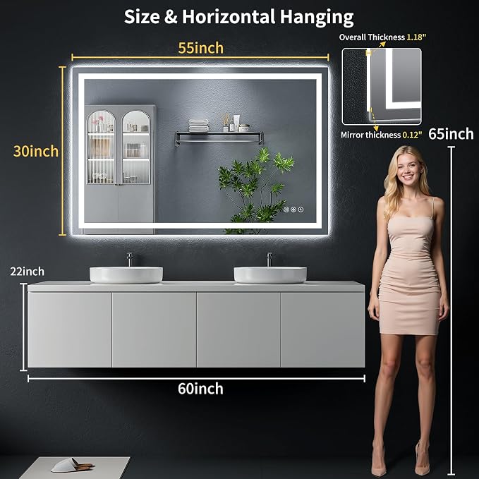 55"x36" LED Bathroom Mirror with Lights, Backlit+Frontlit, Anti-Fog | CRI 95, Stepless Dimmable, 3 Colors Lighting, Shatterproof Tempered Glass, HD Reflection, Memory, (Horizontal/Vertical)