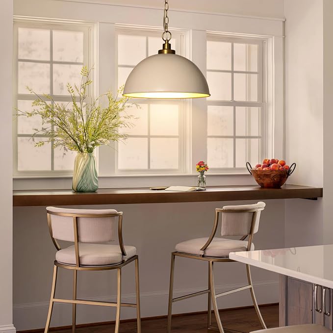 Lingkai Farmhouse Pendant Light Fixtures, 15.7" White and Gold Dome Pendant Lighting Kitchen Island, Adjustable Height Vintage Hanging Ceiling Lights for Kitchen Island Dining Room Foyer Restaurant
