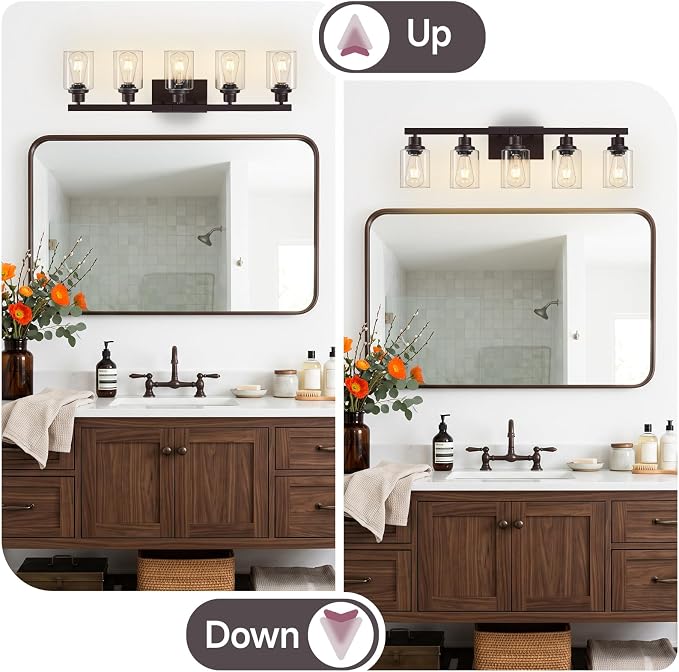 5-Light Oil Rubbed Bronze Bathroom Light Fixtures,30" Vanity Light | Modern Bronze Bathroom Lighting with Clear Glass Shades,Bathroom Wall Sconece over Mirror Sink Cabinet