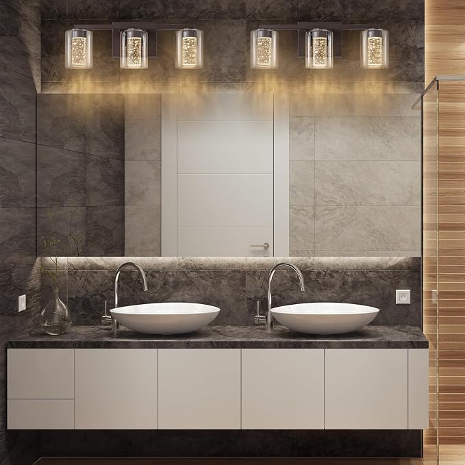 SineRise 3-Light Bronze Vanity Light with 3 Color Modes (3000K/4000K/6000K), Eye Protection LED Bathroom Light Fixture, Dimmable Modern Wall Light Over Mirror with Clear Glass Shade