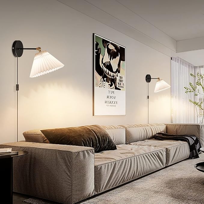 Wall Sconce Plug in, white Plug in Wall Light Set of 2 Fixtures,Wall Lamp with Plug in Cord and On/Off Switch,, Adjustable Industrial Vintage E26 Wall Sconce， for Reading Bedroom Hallway Living Room