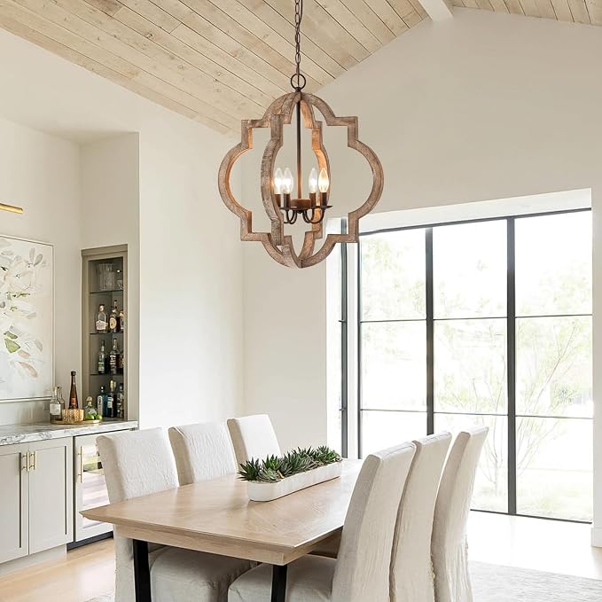 22" Farmhouse Chandelier Orb Distressed Wood Oak Dining Room Light Fixture | Rustic Country Style,Large Lantern, 4-Light Hanging Pendant Light For Foyer Entryway Kitchen Island Bedroom Over Table