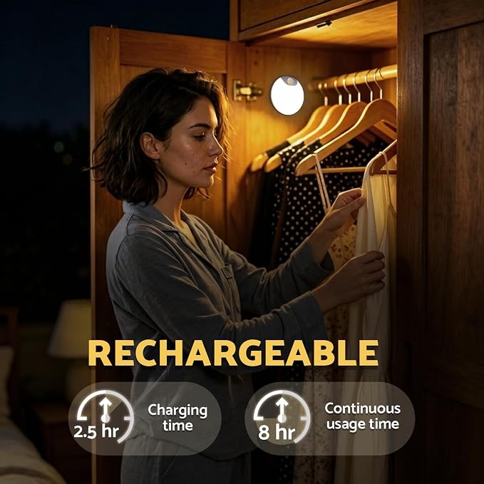 DAZZY DOT Rechargeable Night Light Motion Sensor, Battery Night Light | 4 Pack, Battery Operated, Magnetic, Stick-on, Dimmable, Indoor, Ideal for Stairway, Bathroom, Hall, cabinet, wall