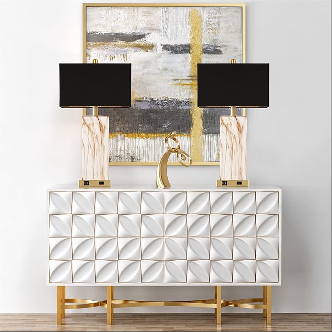 Touch Control Table Lamps Set of 2, Modern Contemporary Bedside Lamp with 2 USB Ports 1 AC Outlet, 3-Way Dimmable Nightstand Lamp Faux Marble Gold Black Rectangular Shade for Living Room Bedroom