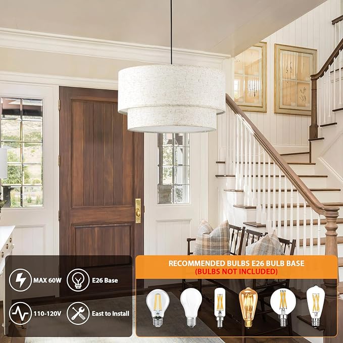 Drum Pendant Light, 18” Drum Light Fixture with Linen Shade | 3-Light Linen Chandeliers for Dining Room, Bedroom, Dual Layer Fabric Shade, Adjustable Height