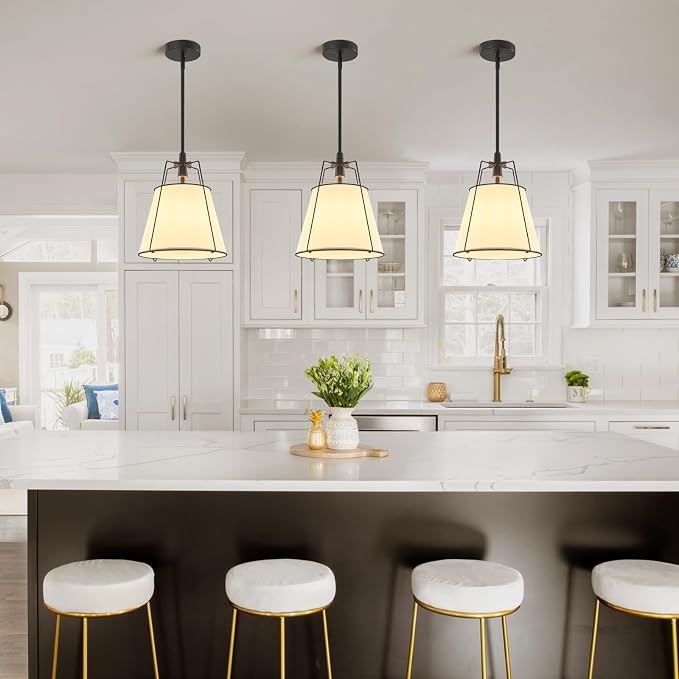 Modern Pendant Light Fixtures with 13" White Linen Fabric Shade, Adjustable Hanging Light Fixture,Drum Black Vintage Chandelier for Kitchen Island Bedroom Dining Room Foyer Entryway