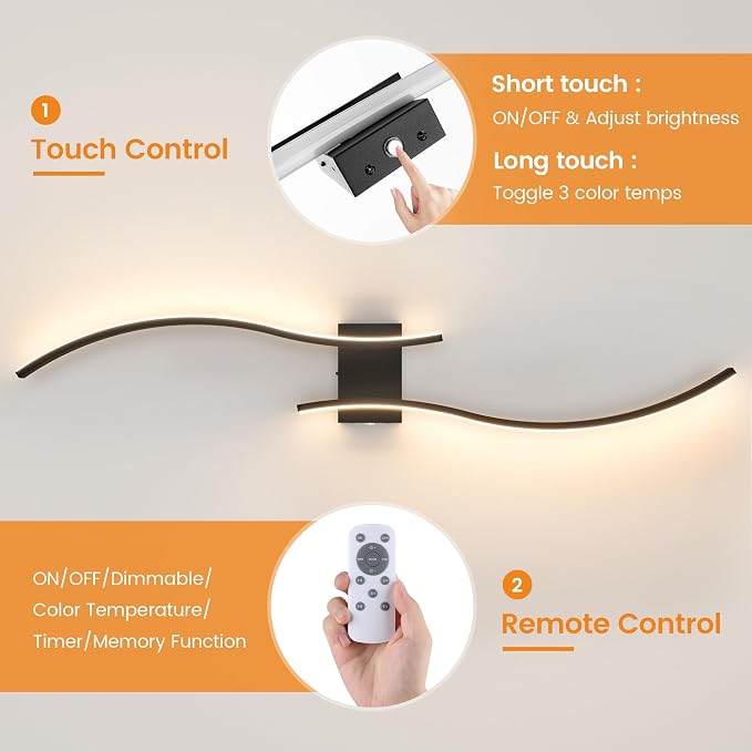 VOLISUN Battery Operated Wall Sconces Set of Two, 39.4 inch Wireless Wall Sconces, 3000K-6500K Dimmable Wall Lamps with Remote, Rechargeable Black Wall Lights for Living Room, Hallway, Bedroom